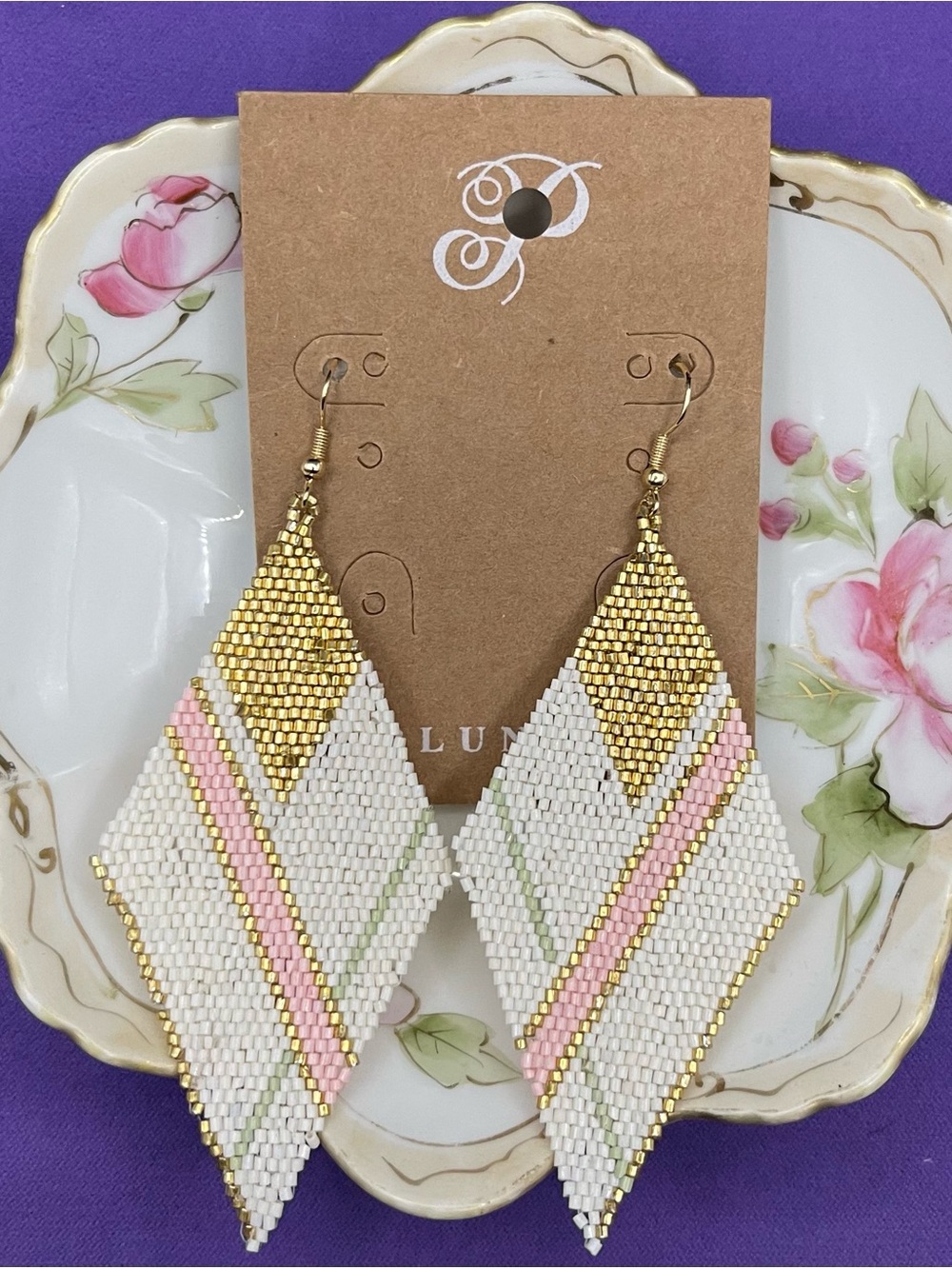 NWT Plunder Design "River" Beaded Diamond Statement Earrings - Gold Pink White